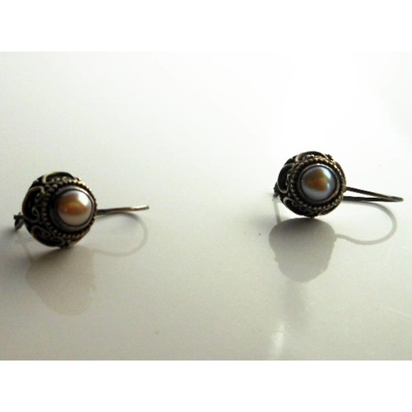 Vintage Sterling Silver Round Pearl Drop Earrings , Cultured Pearls - Picture 4 of 5